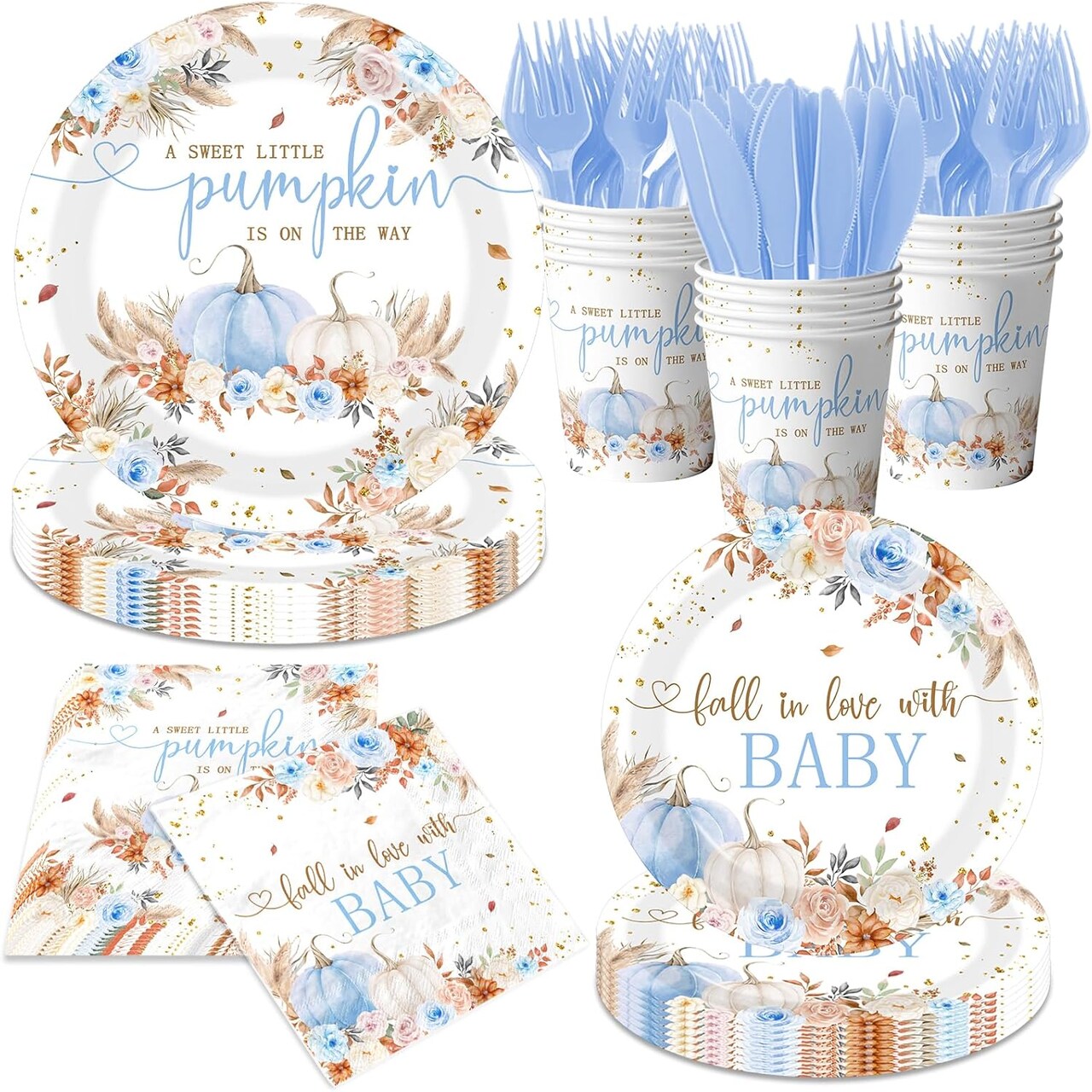 Blue Little Pumpkin Baby Shower Party Set for Boys – Boho Autumn Tableware, Plates, Napkins, Cups, Forks & Knives, Floral Fall Decorations for 24 Guests